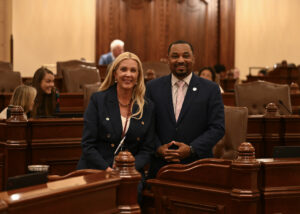 Senator Sue Rezin and Senator Willie Preston on the Senate Floor.